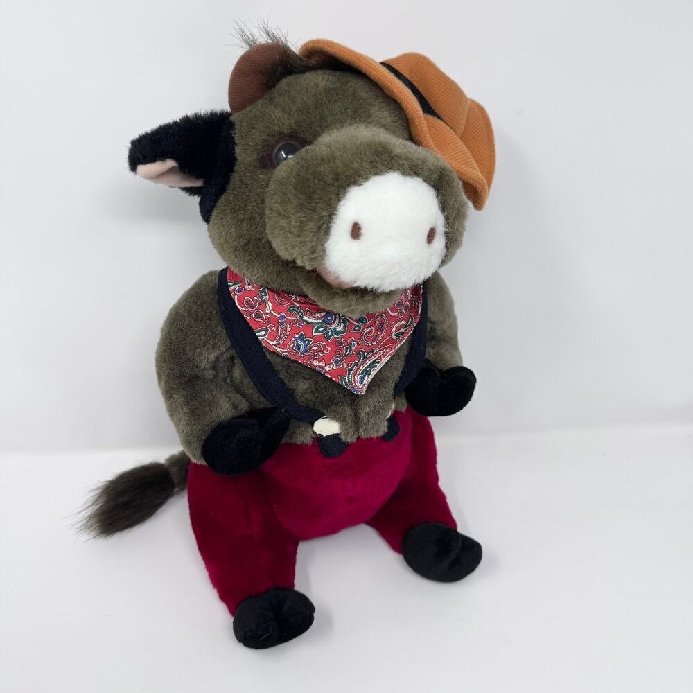 Vtg Brooklyn Doll Toy Co Cowboy Cow Bull 13" Plush Stuffed Animal Suspenders Hat